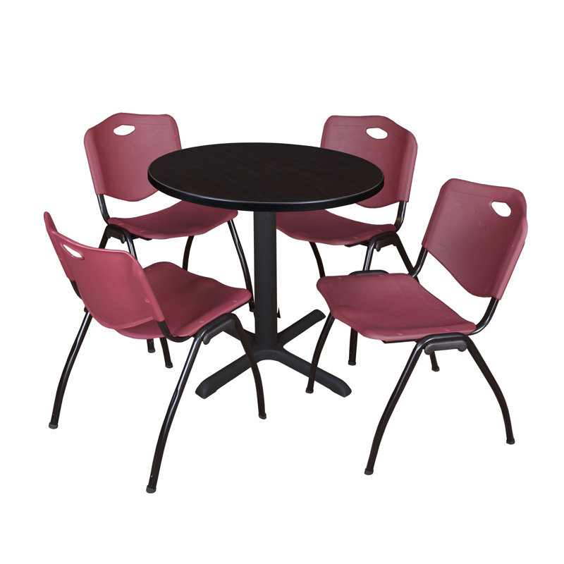 Neyland Cain Round X-Base Breakroom Table & 4 M Stack Chairs, Mahogany