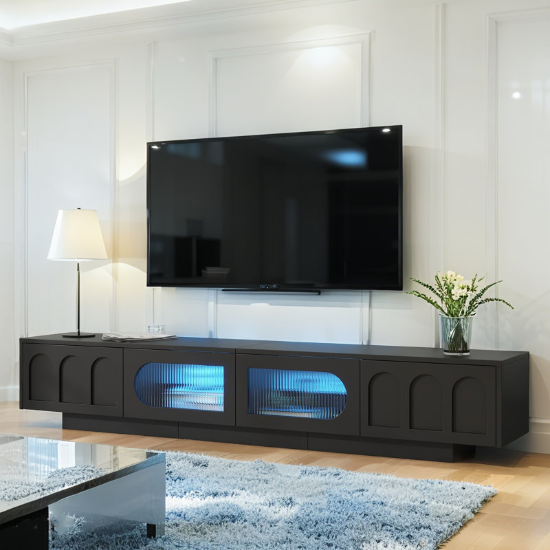 TV Stand with Fluted tempered Glass Doors for TVs Up to 95'', Functional Media Console with Arched Cabinet Doors, Entertainment Center with APP-Controlled LED Light for Living Room