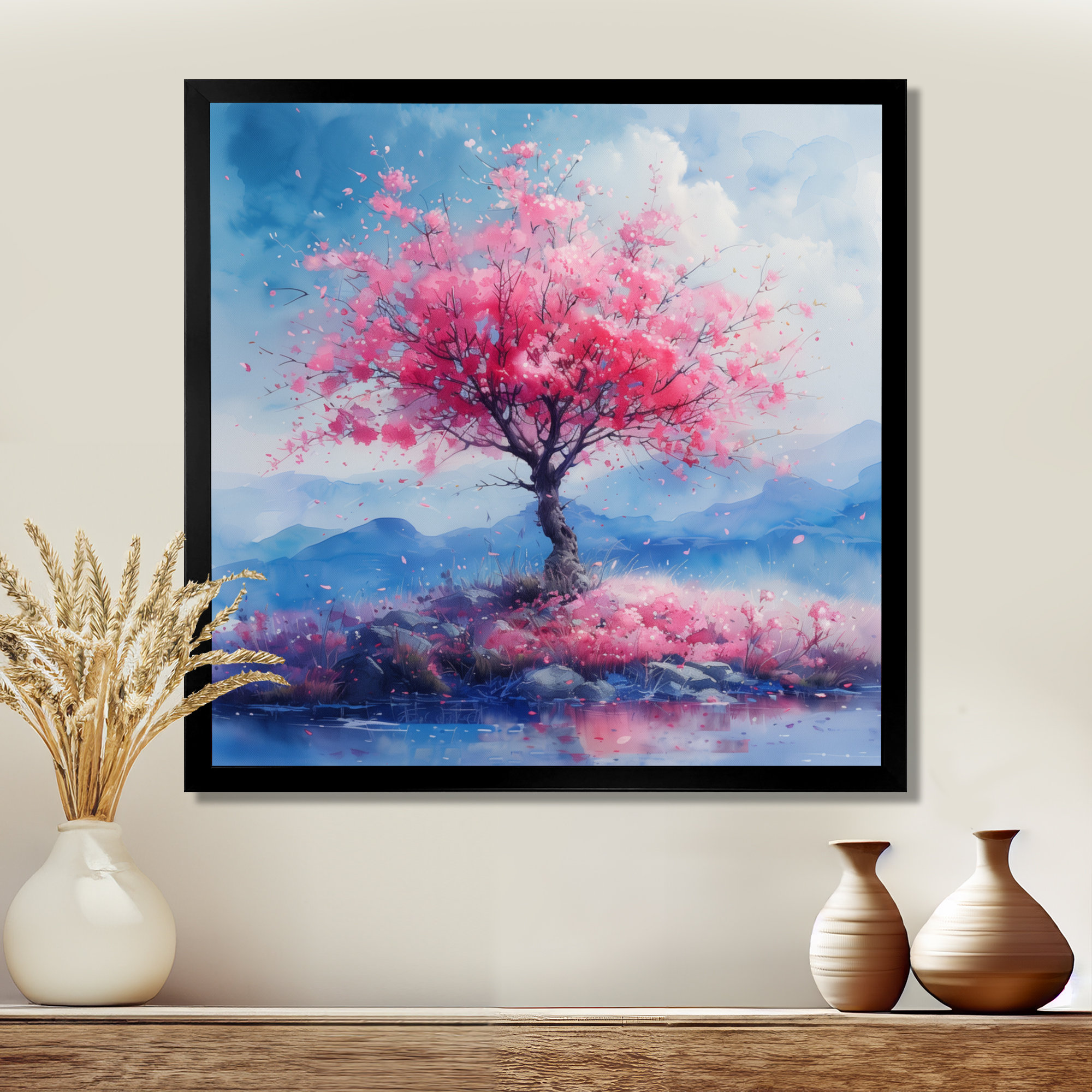 Winston Porter Pink Blue Blooming Garden Cherry Blossom - Cherry ...