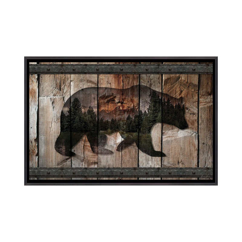 Silhouette d'ours de montagne sur toile par Denise Brown, H 26 po x l 40 po x P 1,5 po, Encadrement noir décoloré