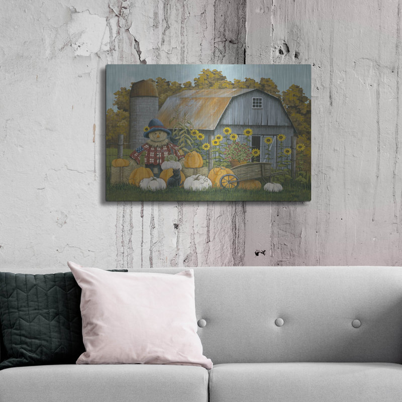  «Scarecrow and Barn» par Tanya Nyp, art mural en métal, 36 po x 24 po, H 24 po x l 36 po
