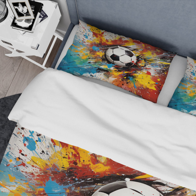 Twin Multicolor Microfiber Soccer Ball Duvet Cover Set