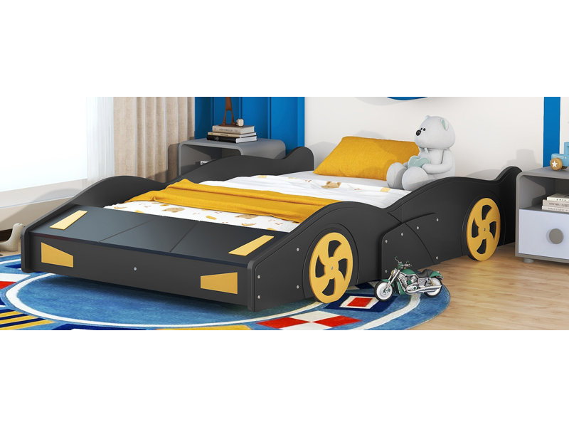 Lit plateforme avec roulettes et rangement, Noir, Lit double
