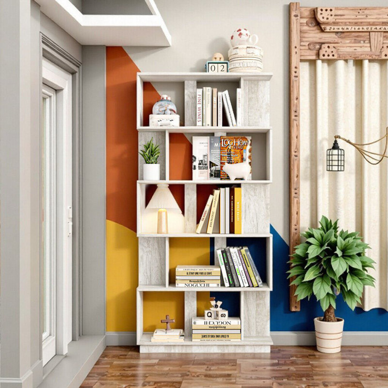 5-Tier Engineered Wood Bookcase, 64.56" Tall Organizer Display Shelves, Light Gray
