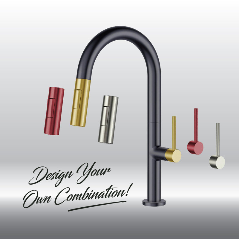 Pull Down Single Handle Kitchen Faucet with Accessories, Black/Satin Brass