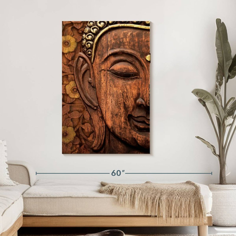 Tête de Bouddha sculptée, reproduction sur toile, H 45 po x l 30 po x P 1,25 po