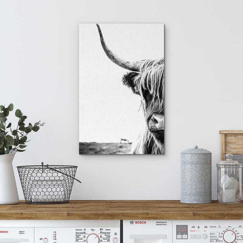 Animaux, noir, vache Shetland, blanc minimal sur toile, H 24 po x l 16 po x P 1,5 po, Toile tendue
