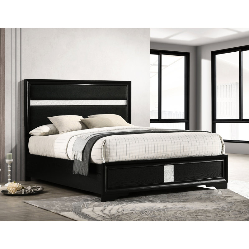 Grand lit à panneau tapissier noir, style contemporain, accent étincelant sur la tête de lit, moderne, lit bas et design pour grand lit, finition, profil rayé, moderne