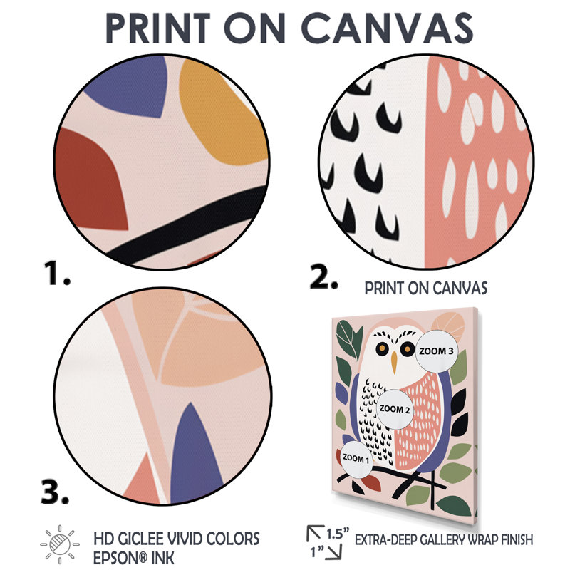 «Playful» graphique hibou blanc rétro - art mural animal hibou, H 20 po x l 12 po, Toile flottante noire encadrée