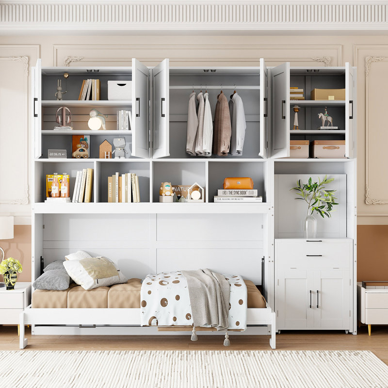 Lit escamotable simple avec lit escamotable avec placard, tiroirs et bureau - Blanc (OLD SKU: LP000595AAK-1)
