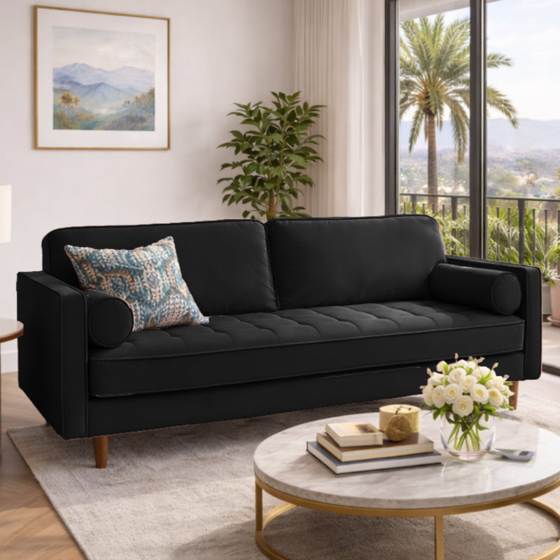 Alden 70" Square Arm Velvet Sofa, Black