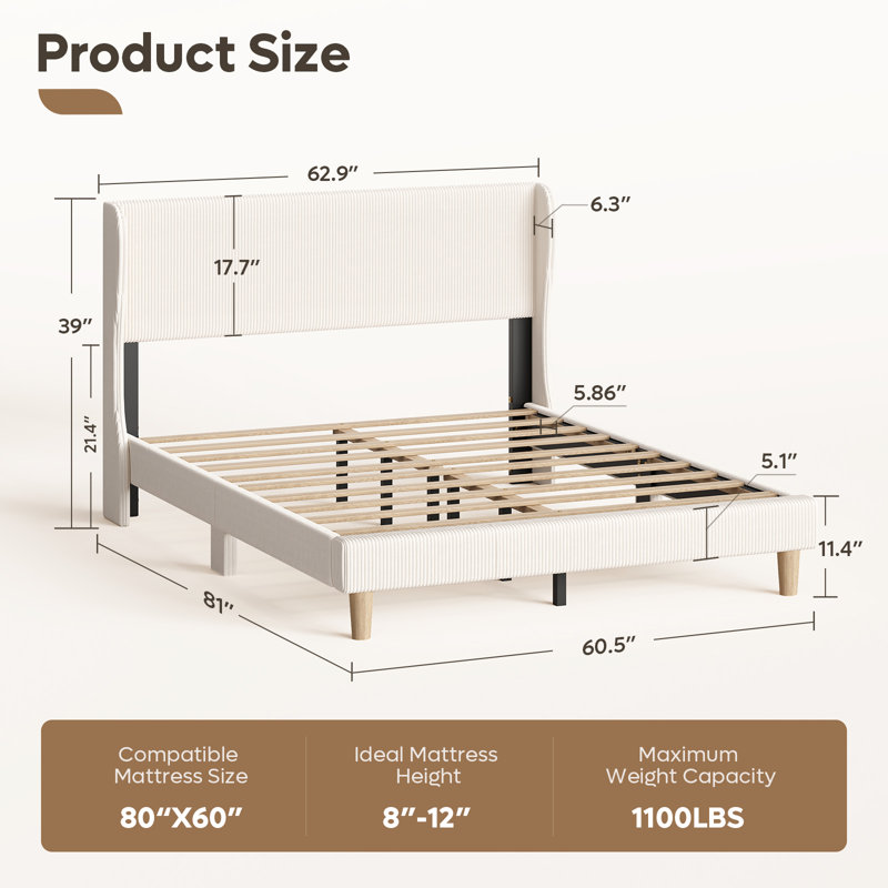 Abe Aadi Queen Size Corduroy Upholstered Platform Bed Frame with Channel Tufted Wingback Headboard — No Box Spring Needed, Space-Saving Design for Small Bedrooms & Apartments