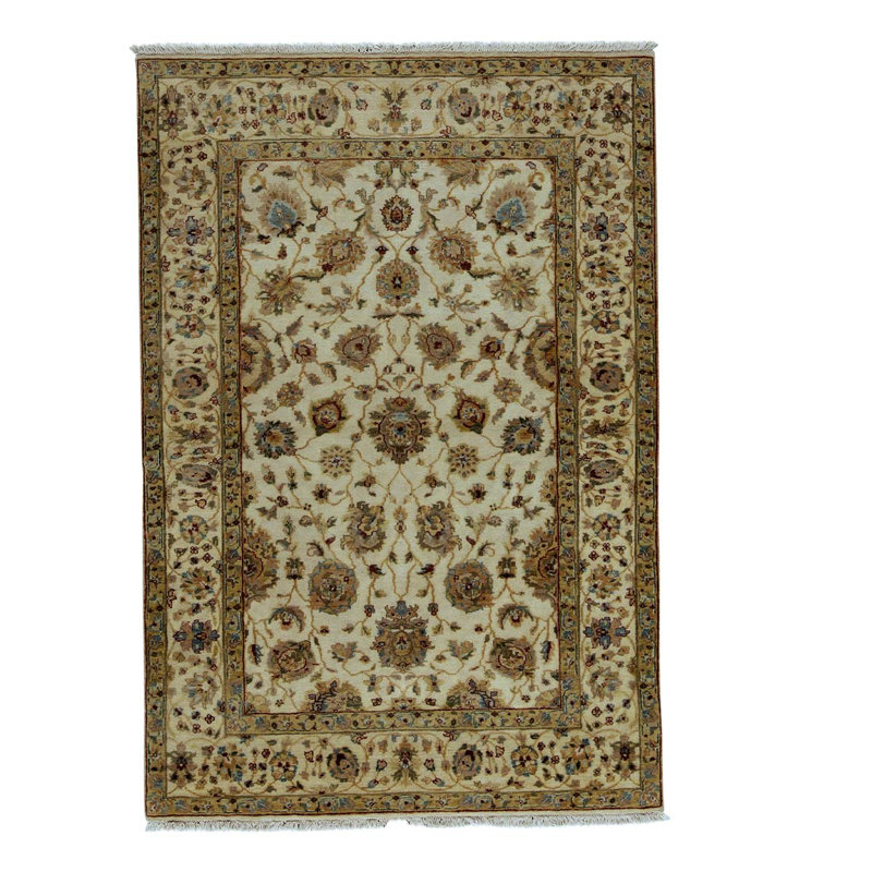 Tapis crème / beige en laine noué à la main de conception unique 4 pi 1 po x 6 pi