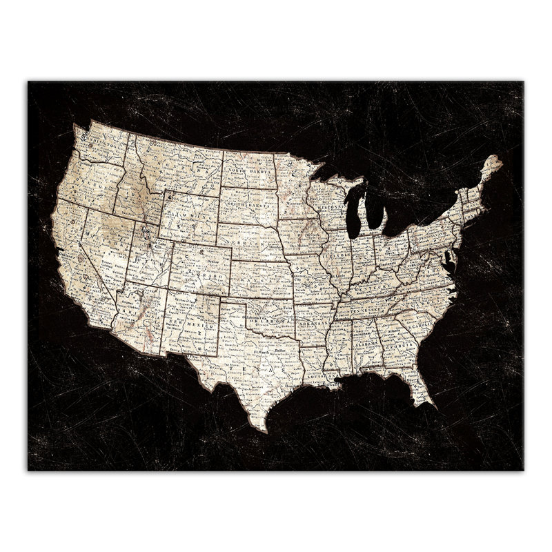 Carte des États-Unis noire sur toile, H 11 po x l 14 po x P 1,25 po
