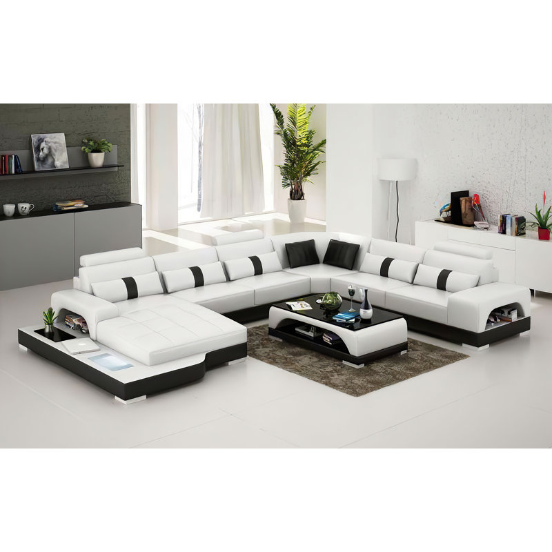Arieta Upholstered U-Shaped Sectional, Left Hand Facing, White Genuine Leather