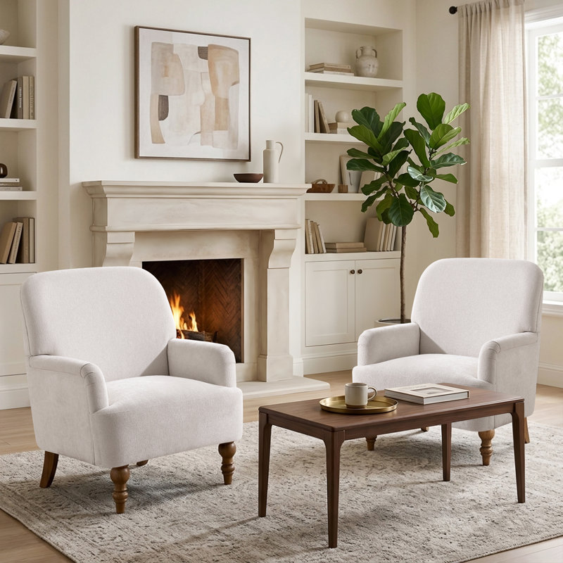 Ensemble de 2 fauteuils rembourrés 28,7 po avec dossier serré et pieds en bois massif, Beige