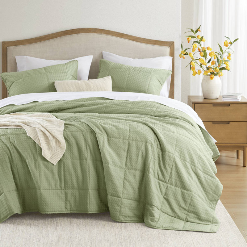 Ensemble de courtepointe texturée Mina Waffle Weave, Courtepointe simple / simple TG + 1 taie décorati, Vert