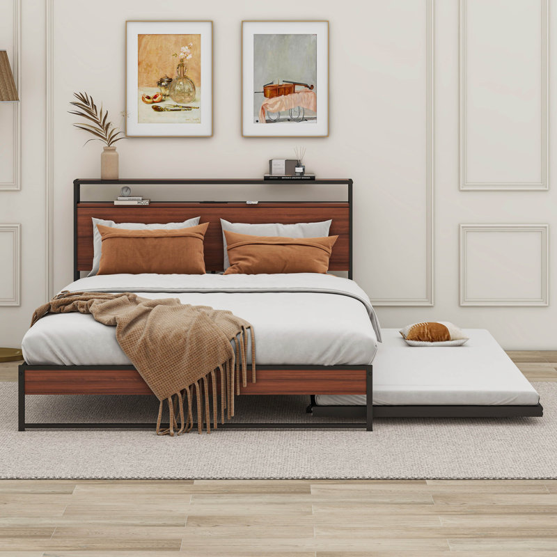 Base de lit plateforme avec lit gigogne et ports USB pour grand lit