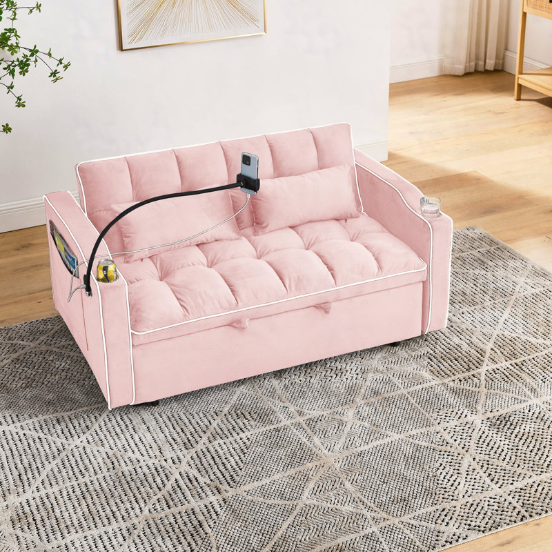 55.51 inch versatile foldable sofa bed in 3 lengths, modern sofa sofa sofa velvet pull-out bed, adjustable back and with USB port and ashtray and swivel phone stand