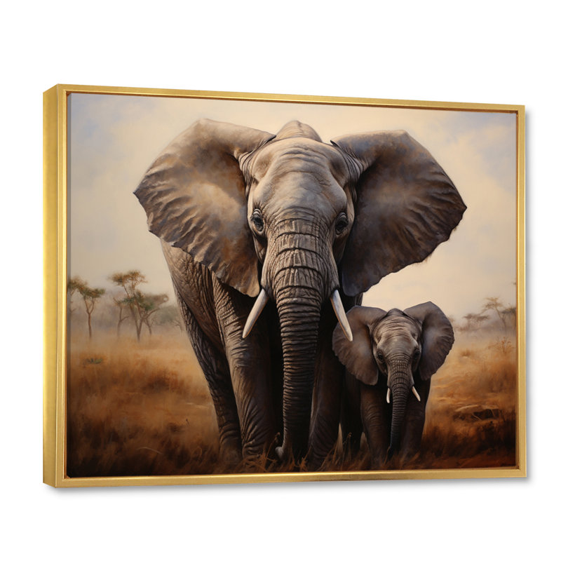 Elephant Guardianship, reproduction d'art sur toile, Cadre flottant doré, H 34 po x l 44 po x P 1,5 po