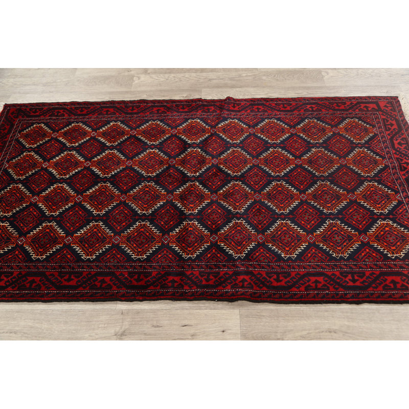 Tapis rouge en laine noué à la main de conception unique 3 pi 4 po x 6 pi 4 po Cem