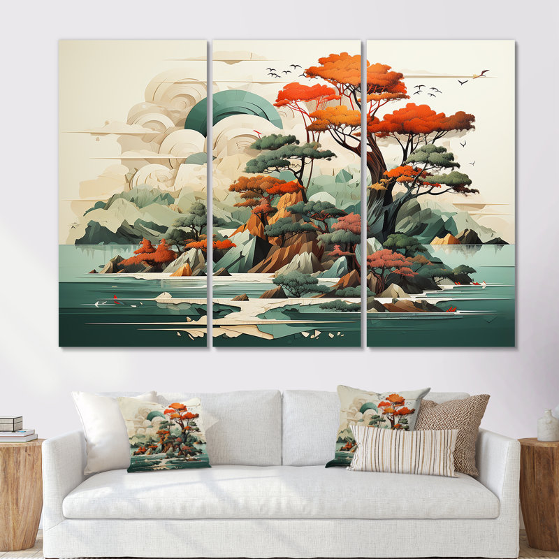 «Vintage Japanese Lake Scenery I - Abstract Landscape», art mural, Toile tendue, H 32 po x l 48 po x P 1 po