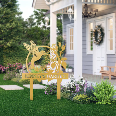 Jardin, colibri sur des fleurs roses, panneau de nom personnalisé en métal, lettre séparée, monogramme, accent mural