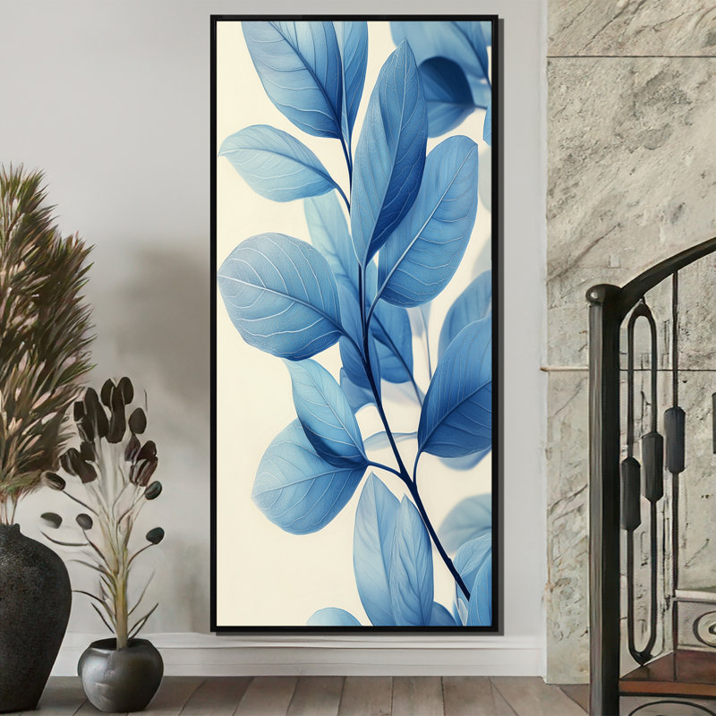«Midnight Blue Leaves Tranquility IV», art sur toile, H 60 po x l 28 po, Noir, Reproduction avec cadre flottant