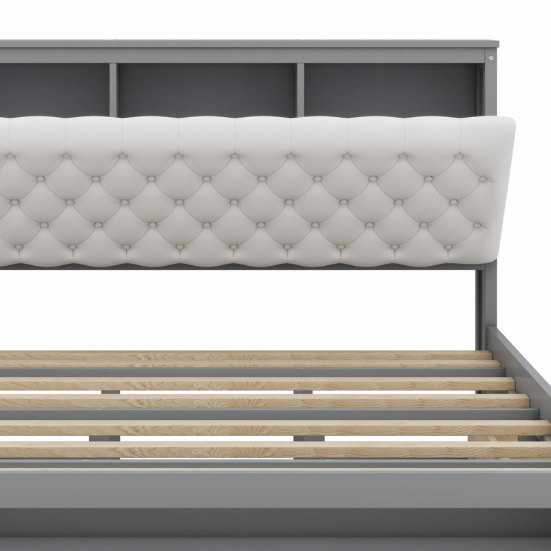 Lit plateforme avec tête de lit, étagère à chaussures et 4 tiroirs, Gris