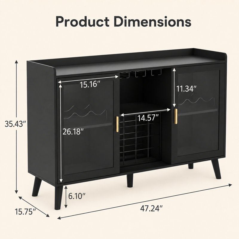 47'' W Black Sideboard Buffet Cabinet with LED Wine Rack, Open Storage Shelves and Metal Frame, Black