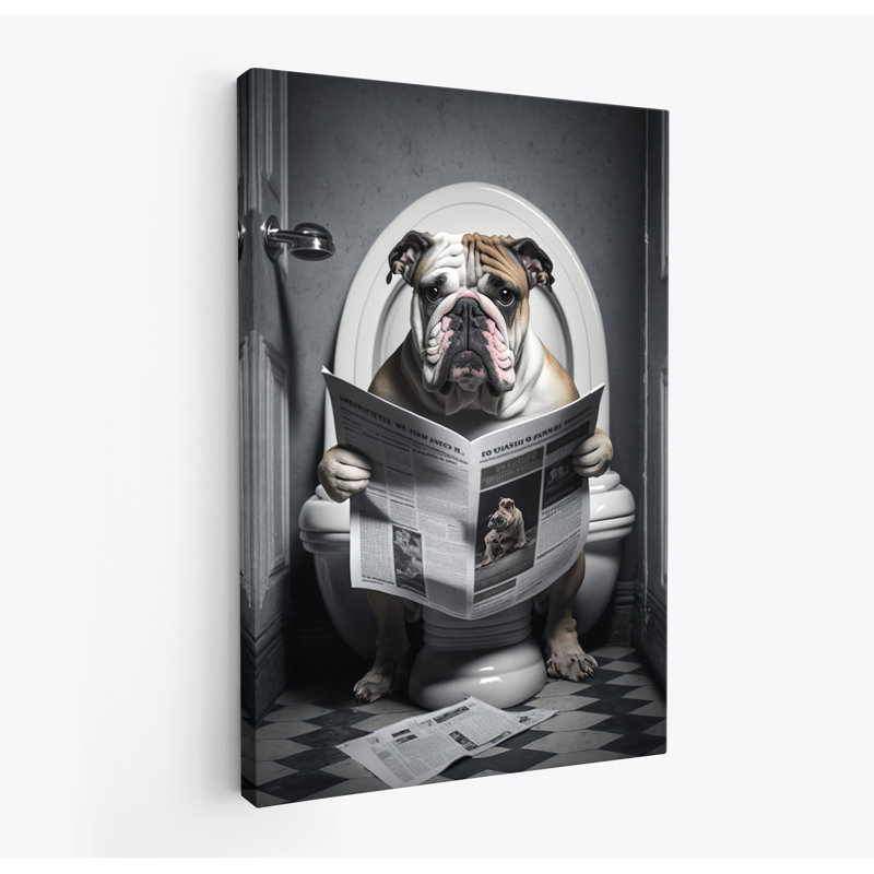 Bulldog Sat On Toilet Reading Newspaper - Wrapped Canvas Print