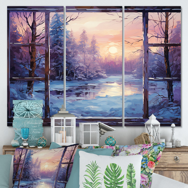 «Purple River Winter Windows II - Winter Landscape», art mural, Toile tendue, H 28 po x l 36 po x P 1 po