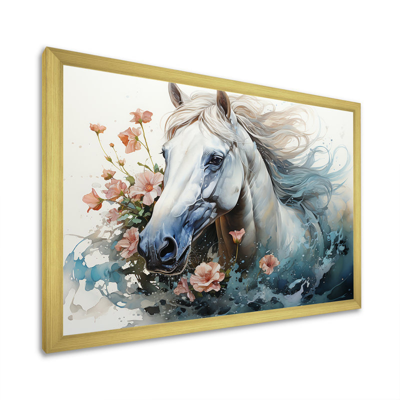 Aquarelle, cheval au galop - décoration murale cheval, H 34 po x l 44 po x P 1,5 po, Cadre doré simple