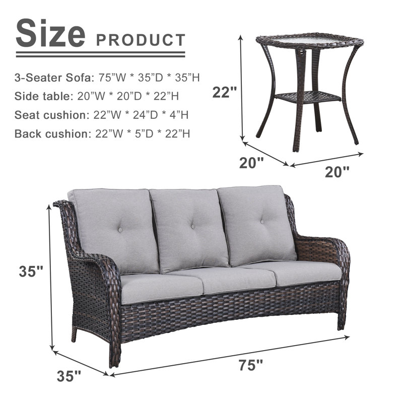 Schutt 75'' Wide Outdoor Patio Sofa with Cushions and Side Table, Gray, Brown