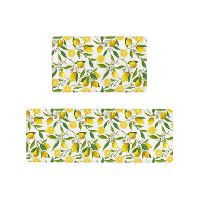 Watercolor Lemon Print Kitchen Mats for Kitchen & Summer Dining, Yellow Green Home Decor 2-Piece Set