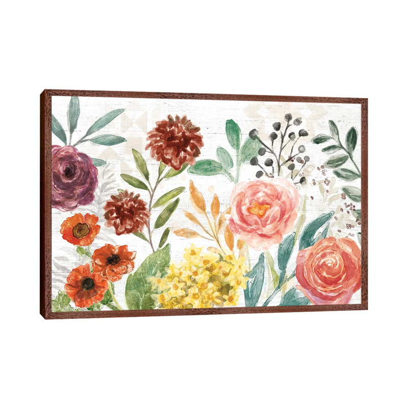 Flower Fest I by Mary Urban - Painting on Canvas, Classic Brown Wood Framed, 66.04cm H x 101.6cm W x 3.81cm D