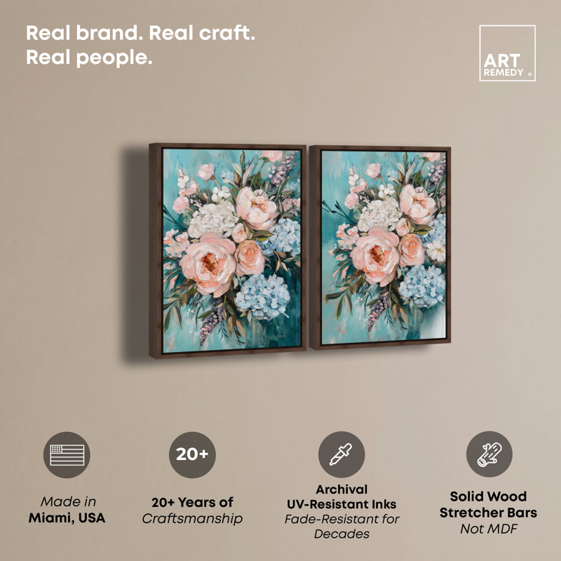 Teal Teal Elegant Floral Duet, H 16 po x l 11 po, Cadre noyer