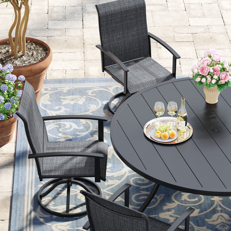 Round Patio Dining Set With 360° Swivel PVC-coated polyester Chairs, Black/Dark Gray