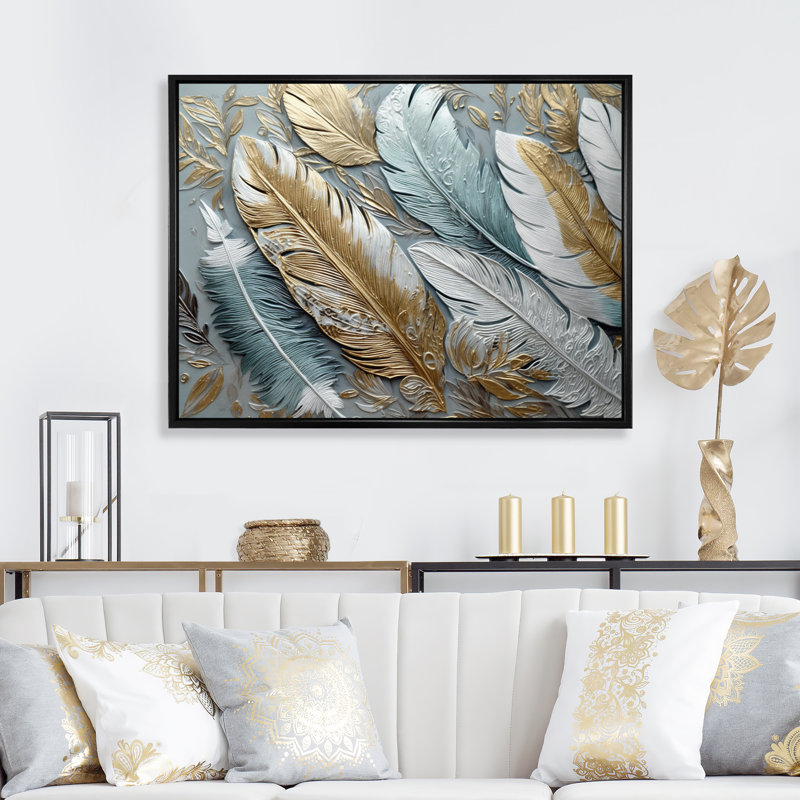 «Gold Gilded Feathers V - Glam Feather», reproduction sur toile encadrée, Cadre flottant noir, H 34 po x l 44 po x P 1,5 po