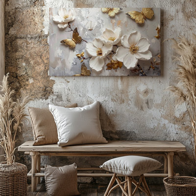 A Textured Floral Artwork Featuring Large White Blossoms Arranged Elegantly On A Muted Canvas Wall Art Premium Quality Ready To Hang