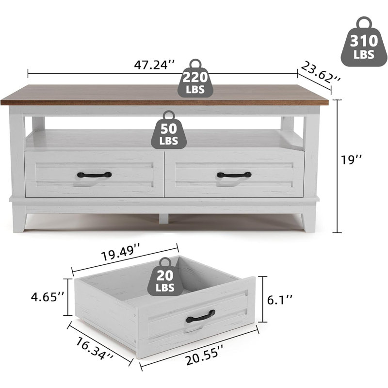 47.24" Farmhouse Coffee Table with Drawers, Rustic Coffee Table Wood Center Table, White