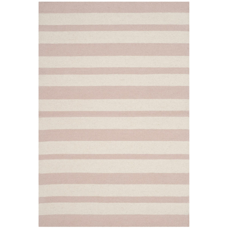 Kruetzen Striped Handmade Tufted Wool Pink/Ivory Area Rug, Rectangle 3' x 5'