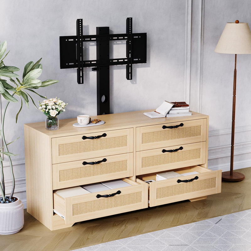 47.2" Modern Entertainment Center 6-Drawer for 32-85 Inch TVs for Living Room, Bedroom, Natural Wood