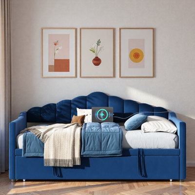 Upholstered Daybed With Adjustable Height Pop Up Trundle, Charging Port And 2 Side Pockets