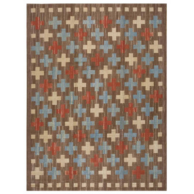 Tapis unique en laine noué à la main brun, rouge et bleu de 9 pi x 12 pi