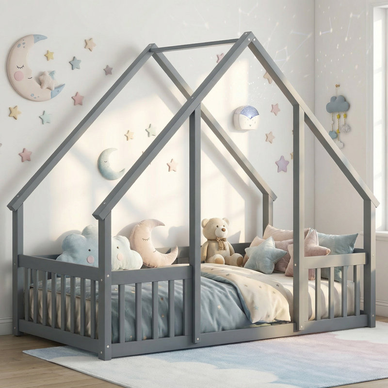 Lit simple en bois avec clôture et garde-corps Sailvan, Gris