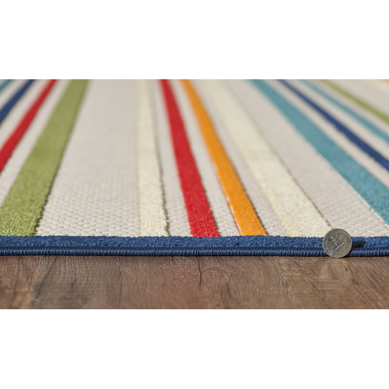 Tapis intérieur / extérieur rayé rouge / bleu / jaune Zaïre, Rond 7 pi 10 po
