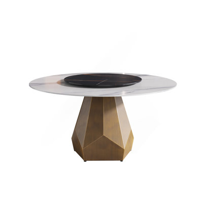 Table de salle à manger 59,05 po ronde en marbre avec base en métal, marbre artificiel pour 6 à 8 personnes, table tournante en pierre artificielle 31,5 po (table de salle à manger seulement)