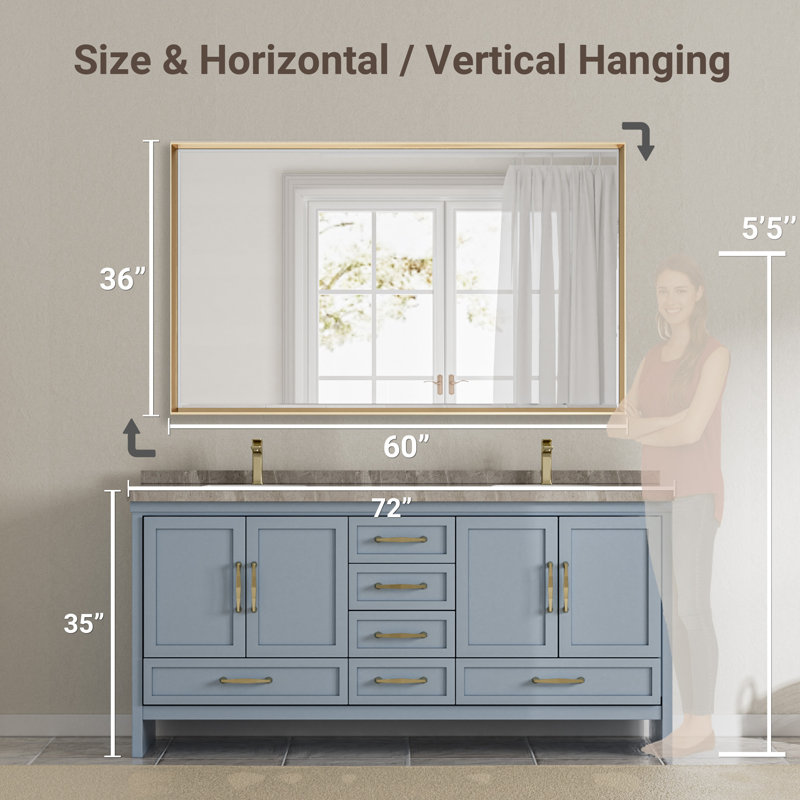 60 x 36 Gold Beveled Bathroom Vanity Mirror with Brushed Frame