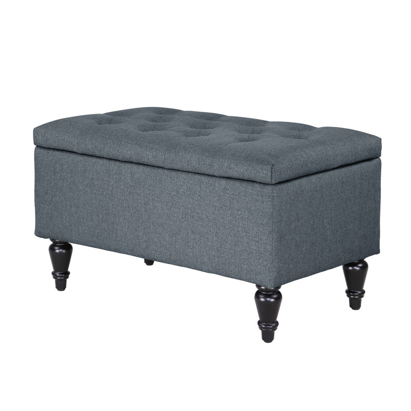 Banc de rangement rembourré avec pieds en bois massif Balcom, Bleu denim, H 17 po x l 29 po x P 17 po